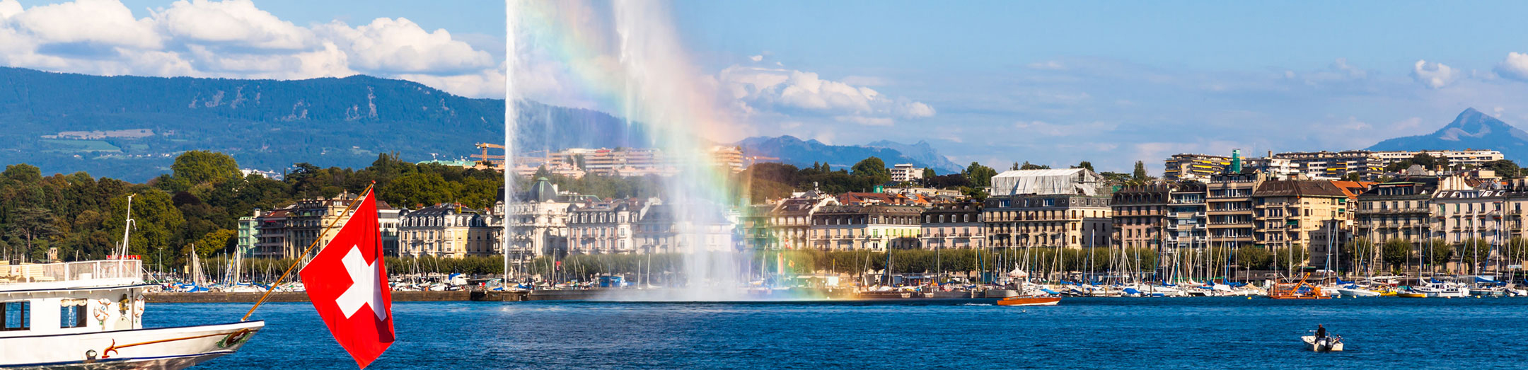 Water jet fountain with rainbow in Geneva